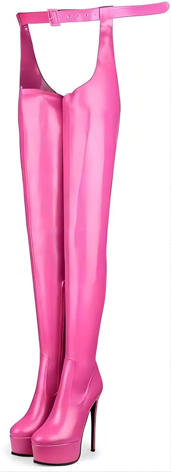 Emfnzd unisex sexy waist belt high heels over knee boots platform plus size Pink6