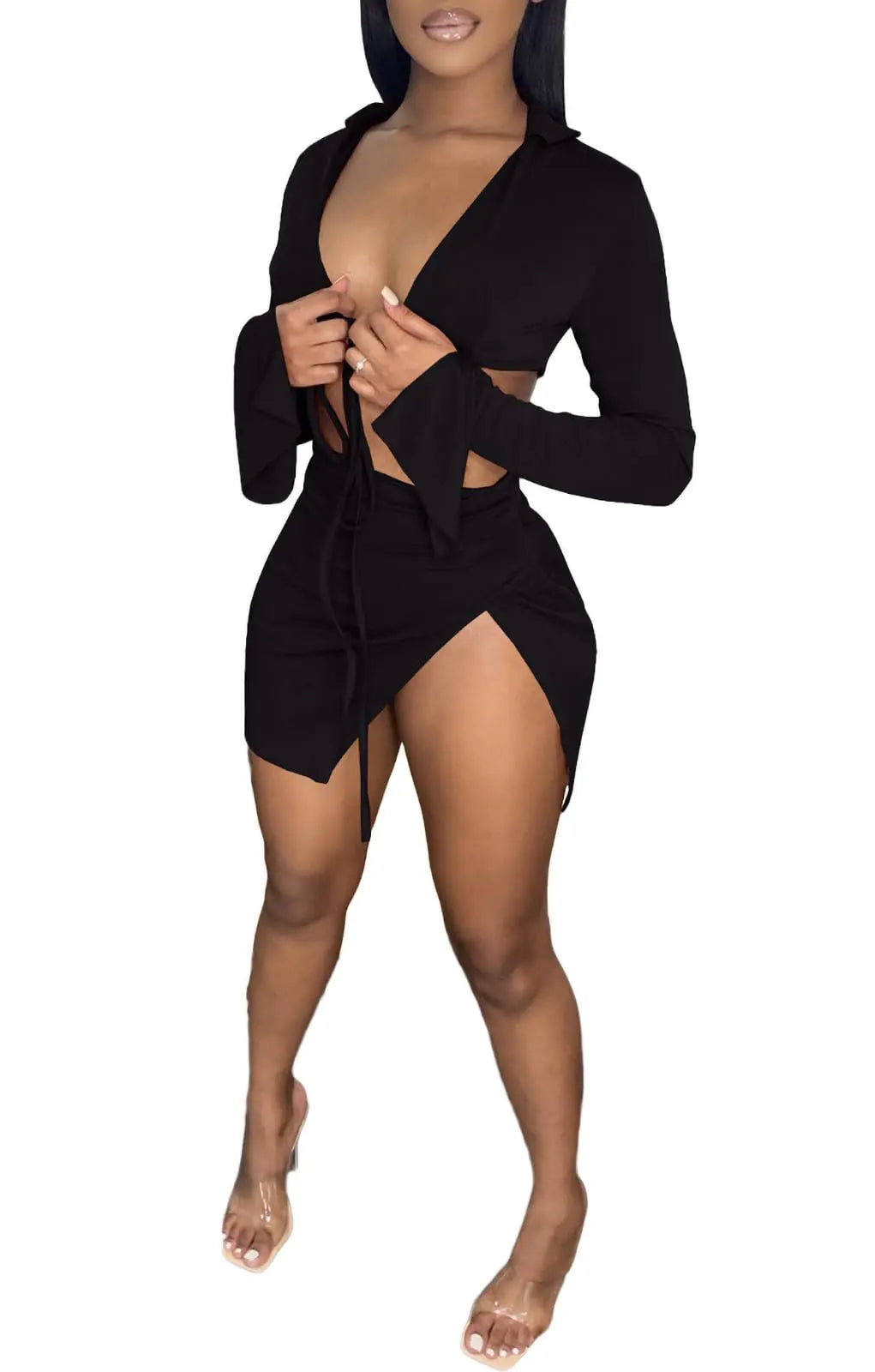 SUZONANA Black Sexy 2 Piece Club Outfits for Women Two Piece Mini Skirt Sets Crop Top Clubwear Swimsuits Y2K Going Out M