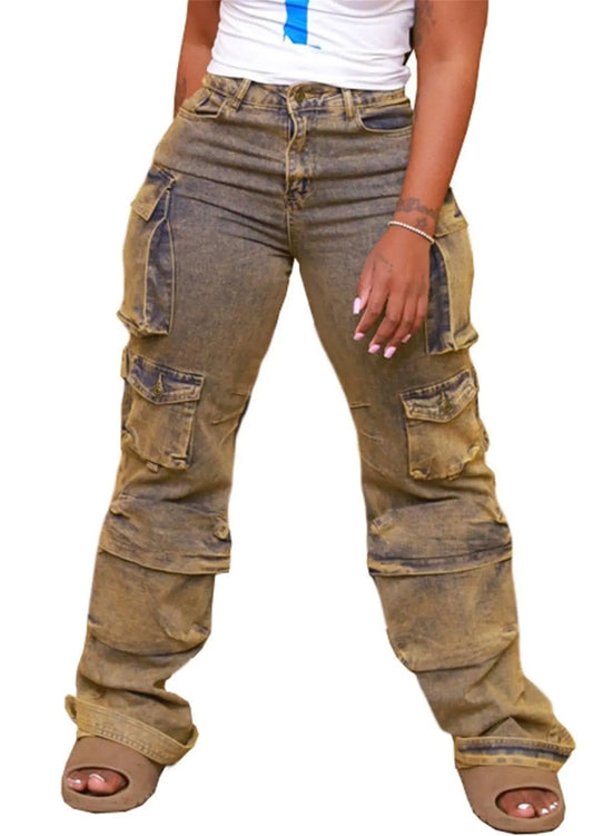 Womens Cargo Pants Y2K High Waist Baggy Jeans Flap Pocket Straight Leg Denim Pants Streetwear