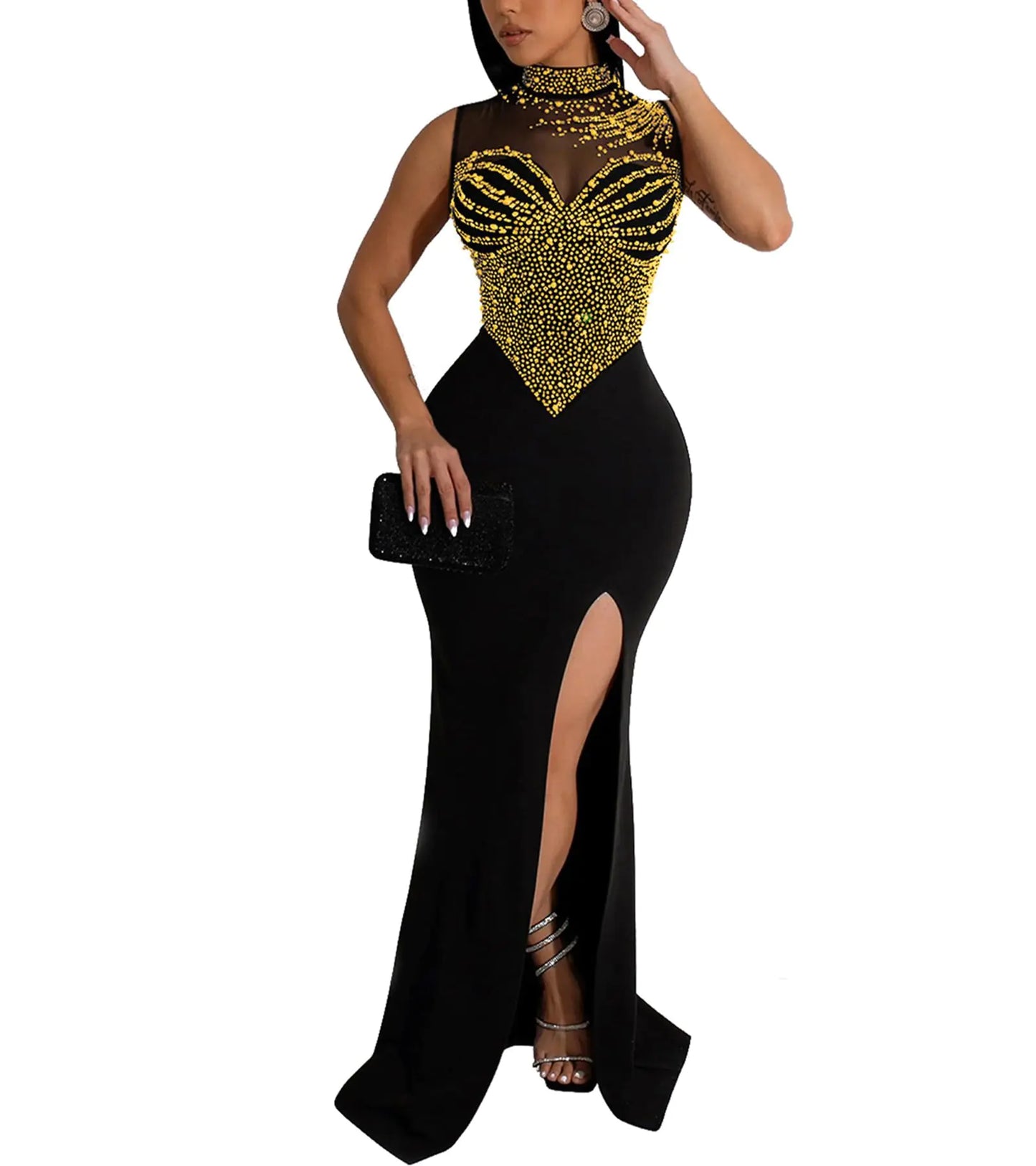 PORRCEY Womens Sexy Elegant Rhinestone Mesh See Through Bodycon Party Club Night Split Maxi Dress(6913GoldXL)