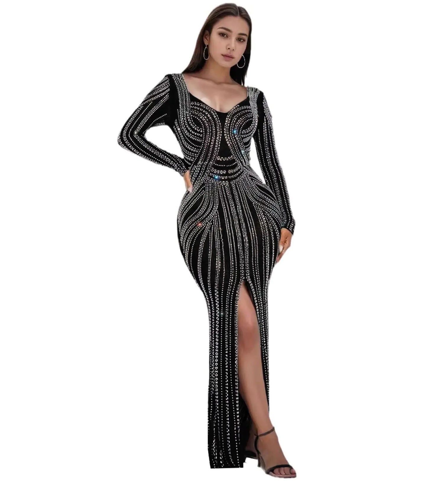 Zoctuo Womens Sexy Elegant Rhinestone Slit Cocktail Maxi Dress Sparkly Party Club Night Long Sleeve Evening Gowns(LK3179BlackS)