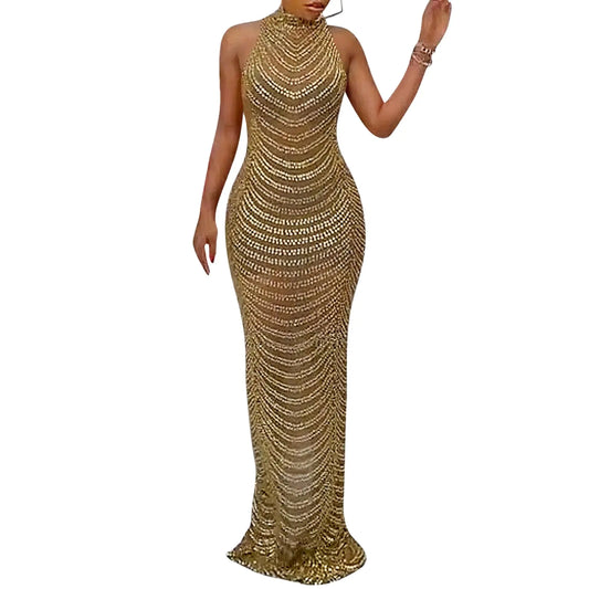 Gold Rhinestone Dress Birthday Sexy Sleeveless Sparkly Hot Diamond Party Club Night Elegant Sequin Long Gown Dresses for Women(5259-Gold-S)