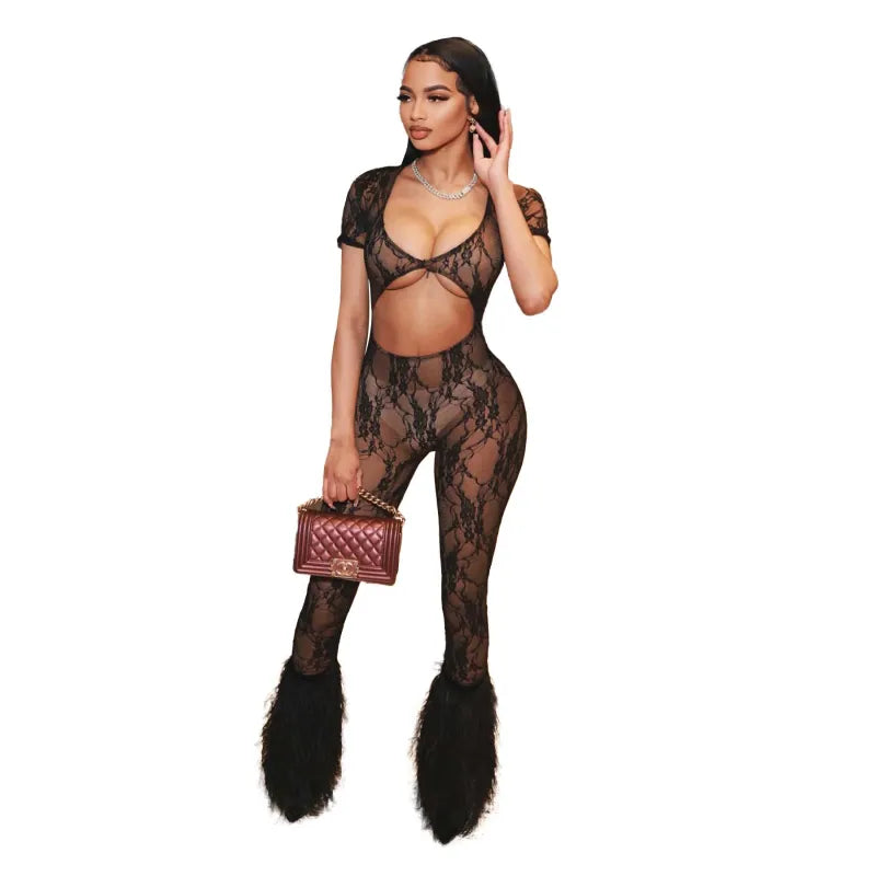 Women's Sexy Lace Sleeve Cropped Jumpsuit Trousers