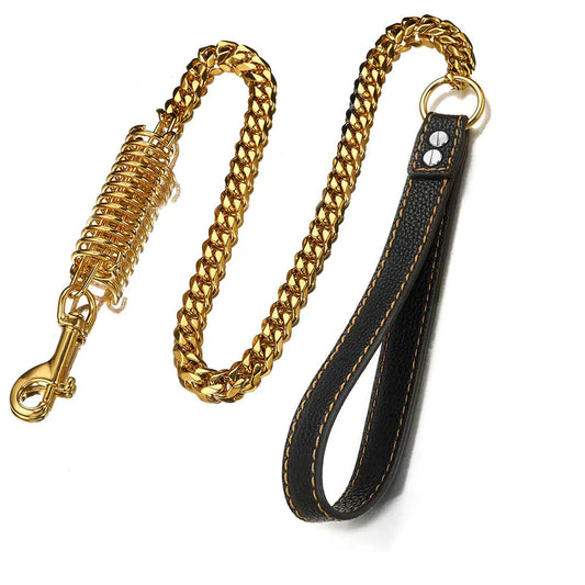 Dog Chain Leash Dog Leash Heavy Duty Strong Chew Proof 15mm 1ft 2ft 3ft Chrome Stainless Steel Cuban Link Chain Labor-Saving Spring with Comfortable Leather Handle(Totally Length of 2FT) Gold