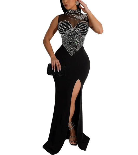 Jigfar Womens Sexy Elegant Rhinestone Mesh See Through Sleeveless Side Split Bodycon Maxi Dress(F6913BlackM)