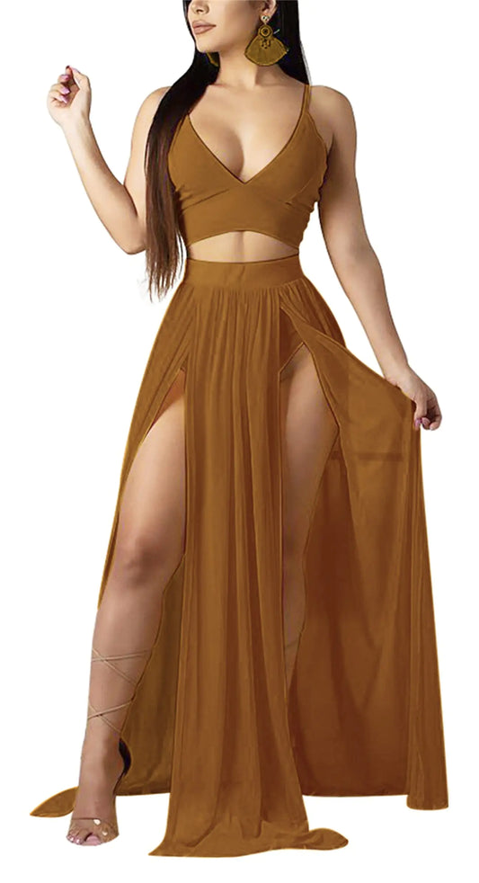 Women Sexy 2 Piece Outfits Dress Chiffon Strap Deep V Neck Bra Crop Top High Split Maxi Dresses Skirt Set Swimwear Cover Ups Camel Large