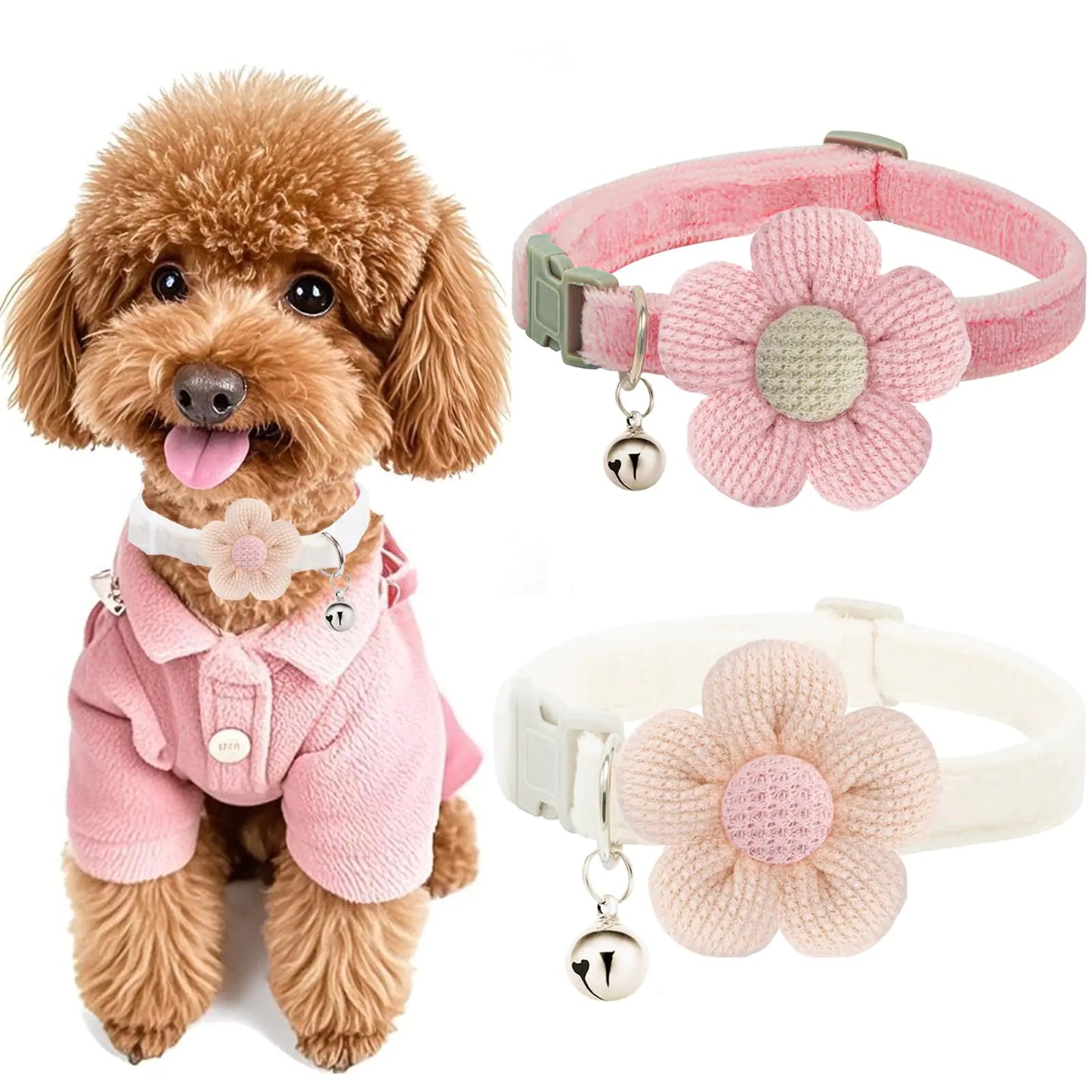 Small Dog Collar Dog Collar for Girl with Flower Puppy Collar with Bell Adjustable Little Dog Collar