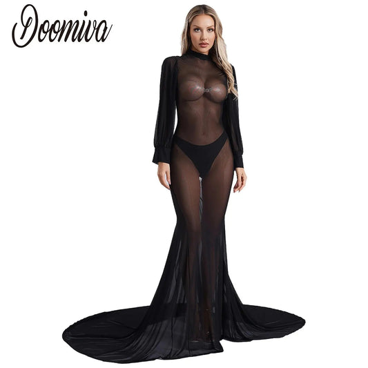 Women Sexy See Through Mesh Full Dress High Collar Long Sleeve Court Train Sheer Cover-up Long Dress for Photography Nightclub