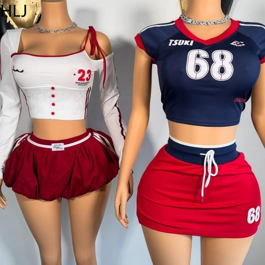 HLJ Y2K Sexy Letter Printing 2 Piece Sets Women Outfit Off Shoulder Crop Top and Bubble Puffy Skirt Suits Fashion Streetwear New