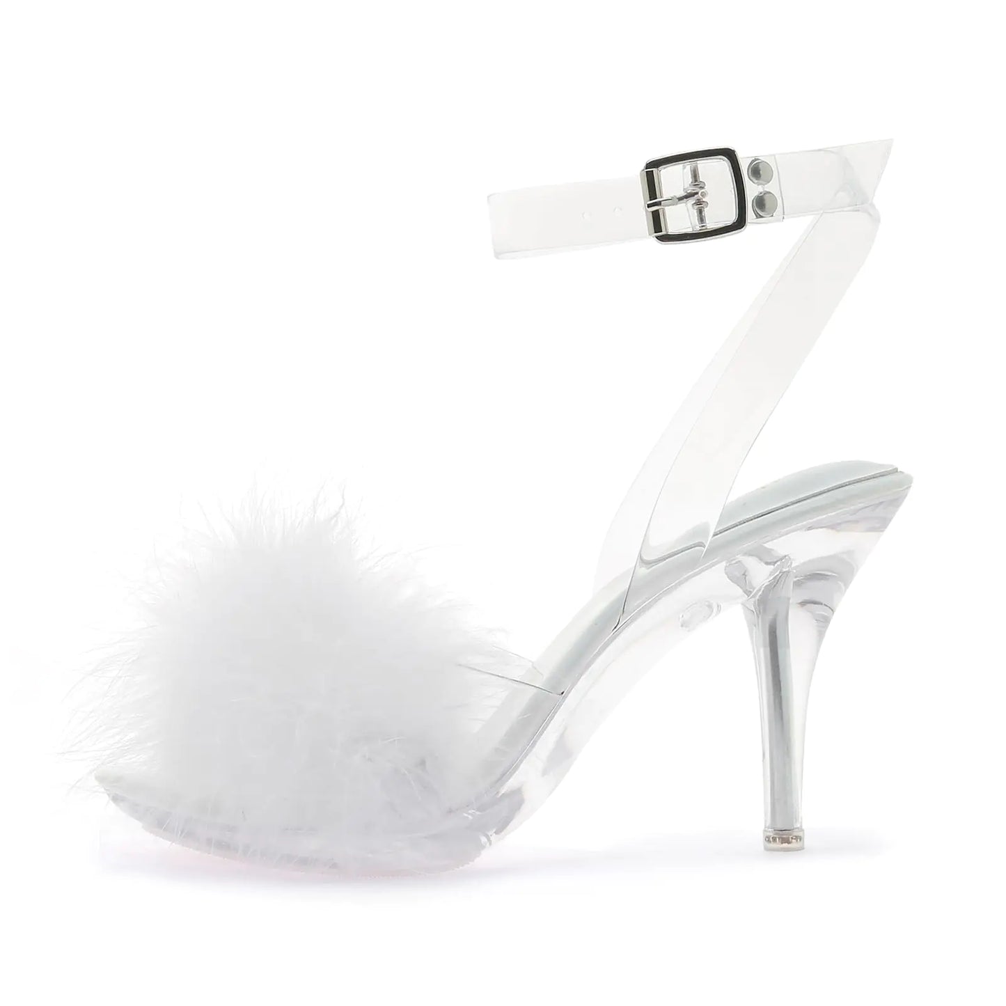 omthaka Womens Fuzzy Clear Heels Ankle StrapStilettos Heels Mules Sandals Fluffy Feather Slip On High Heeled Party Prom Dresses ShoesWhite-40 US9