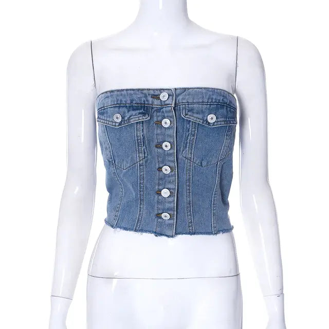 Solid Denim Button Vest Crop Top