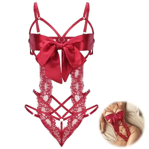 Telooco Women Sexy Lingerie Set Unwrap Me Bow Tie Lingerie with Lace Smooth Ribbon Lingerie for Ladies Valentines Outfit Sexy Birthday Lingerie for Him(Red)