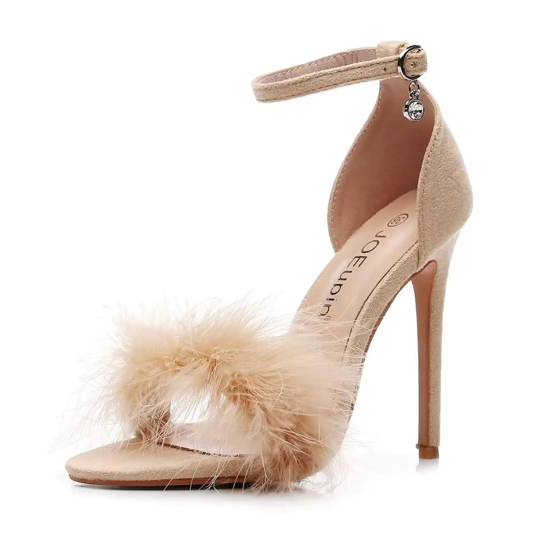 JOEupin Womens Fluffy Marabou Feather High Heels Strappy Heeled Sandals with Fur