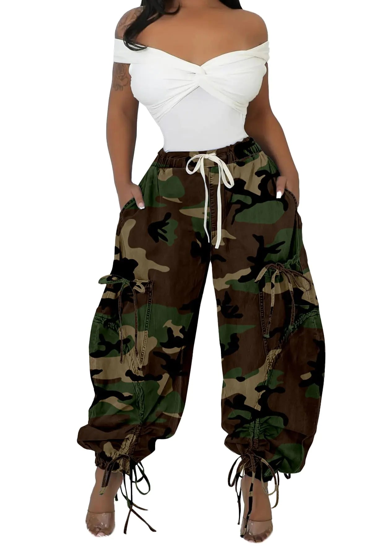 Womens Barrel Jeans Boyfriend High Waisted Baggy Camo Jeans Bow Tie Cargo Sweatpants with Drawstring Streetwear