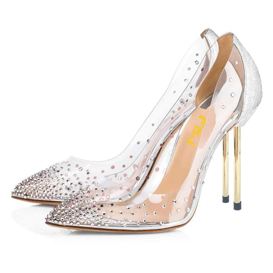 FSJ Women Studded Pointed Toe Transparent Pumps High Heels Shoes with Rhinestones Size 9 Silver