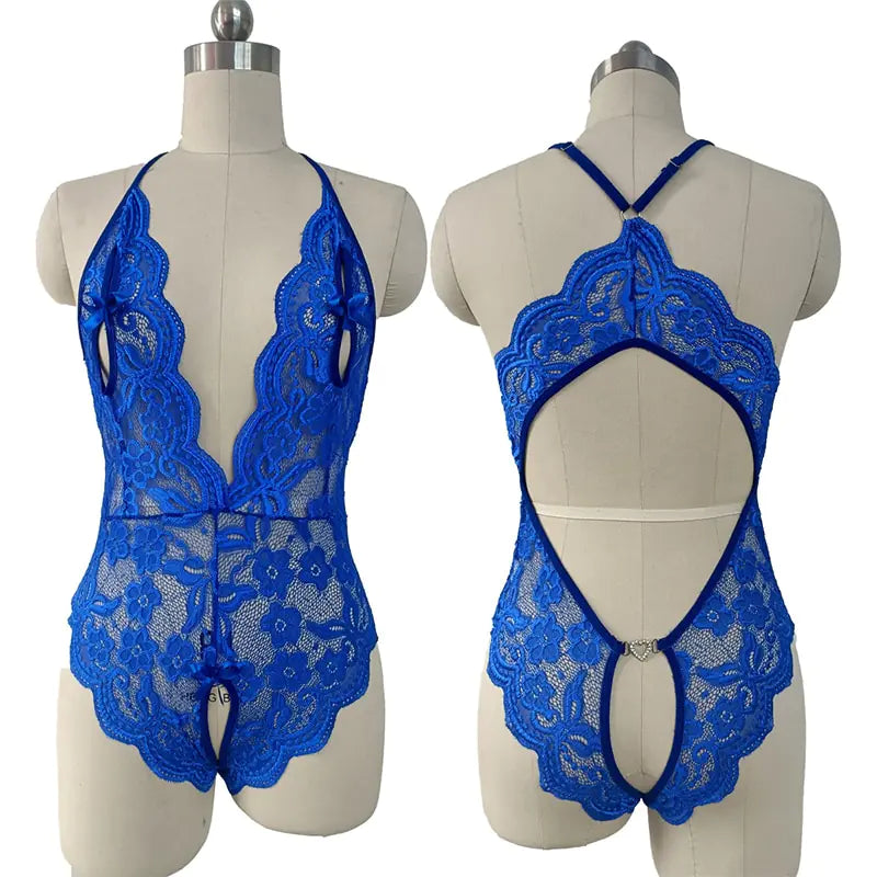 Blue Lace Crotchless Lingerie Set