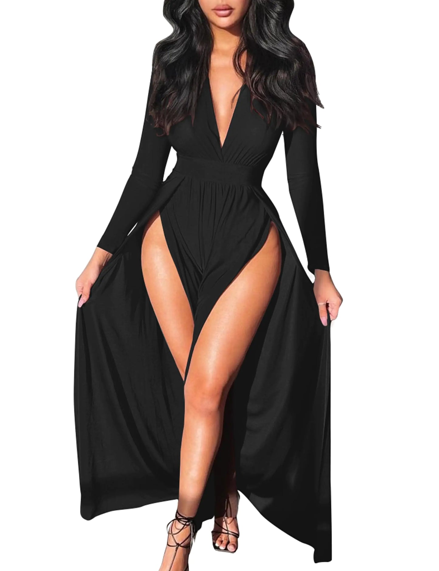 GOKATOSAU Womens Sexy Plunge V Neck Long Sleeve Double High Split Bodycon Long Maxi Dress Black