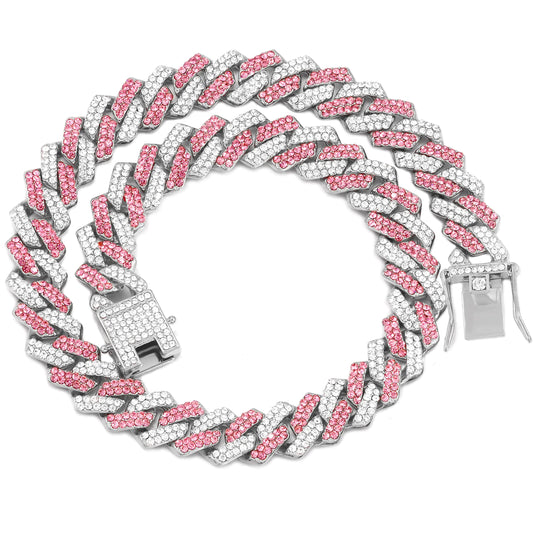 FASDECON Gold Dog Chain Collar Diamond Cuban Collar Walking Metal Chain Collar with Design Secure Buckle Dog Collars for Medium Large Dogs (16inch Pink-Silver)