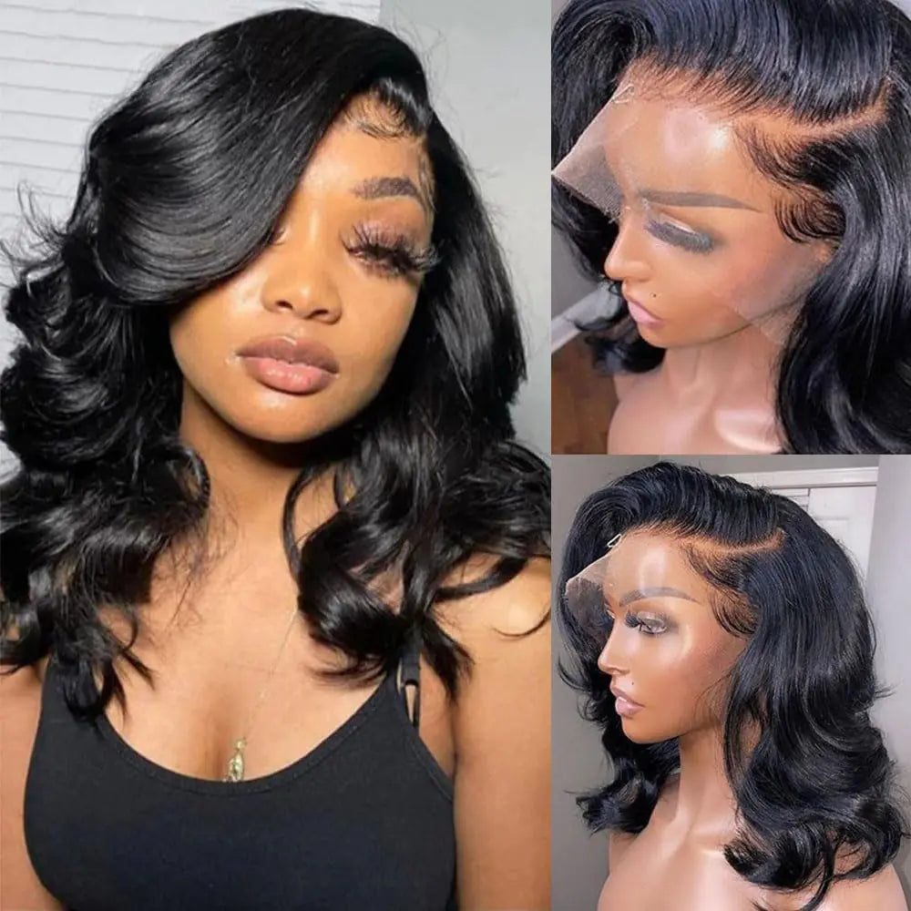 Jolanly 16 Inch Wavy Bob Wig Human Hair 13x4 Glueless Lace Front Wigs Pre Plucked Transparent HD Lace Frontal Wigs Loose Wavy Human Hair Wig For Black Women