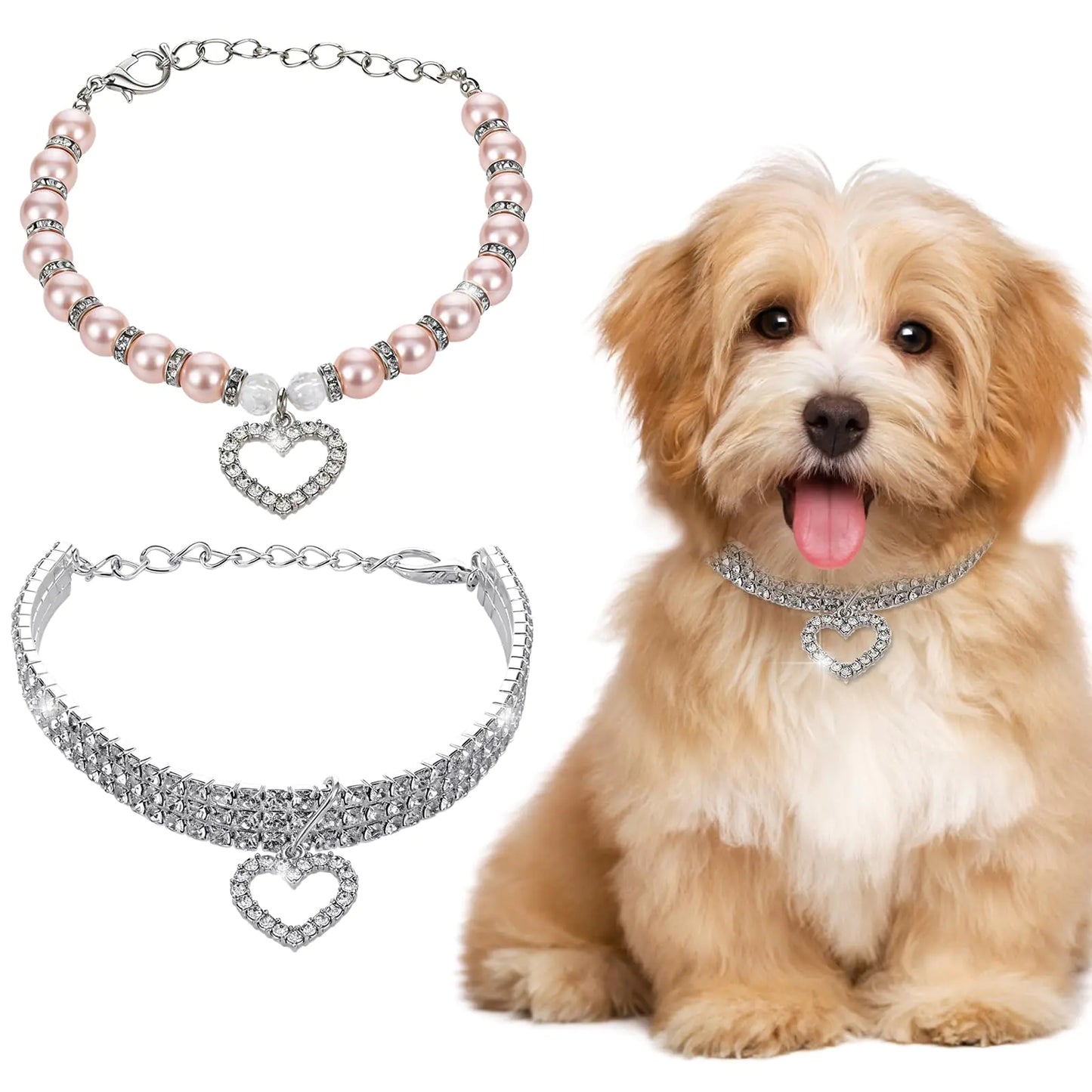 Rhinestones Dog Collar and Pearl Dog Necklace Set Adjustable Dog Collar Small Dog Rhinestones Collar Necklace Set Cute Bling Full Diamond Crystal Pet Necklace Pet Crysta Jewelry for Cat Dog