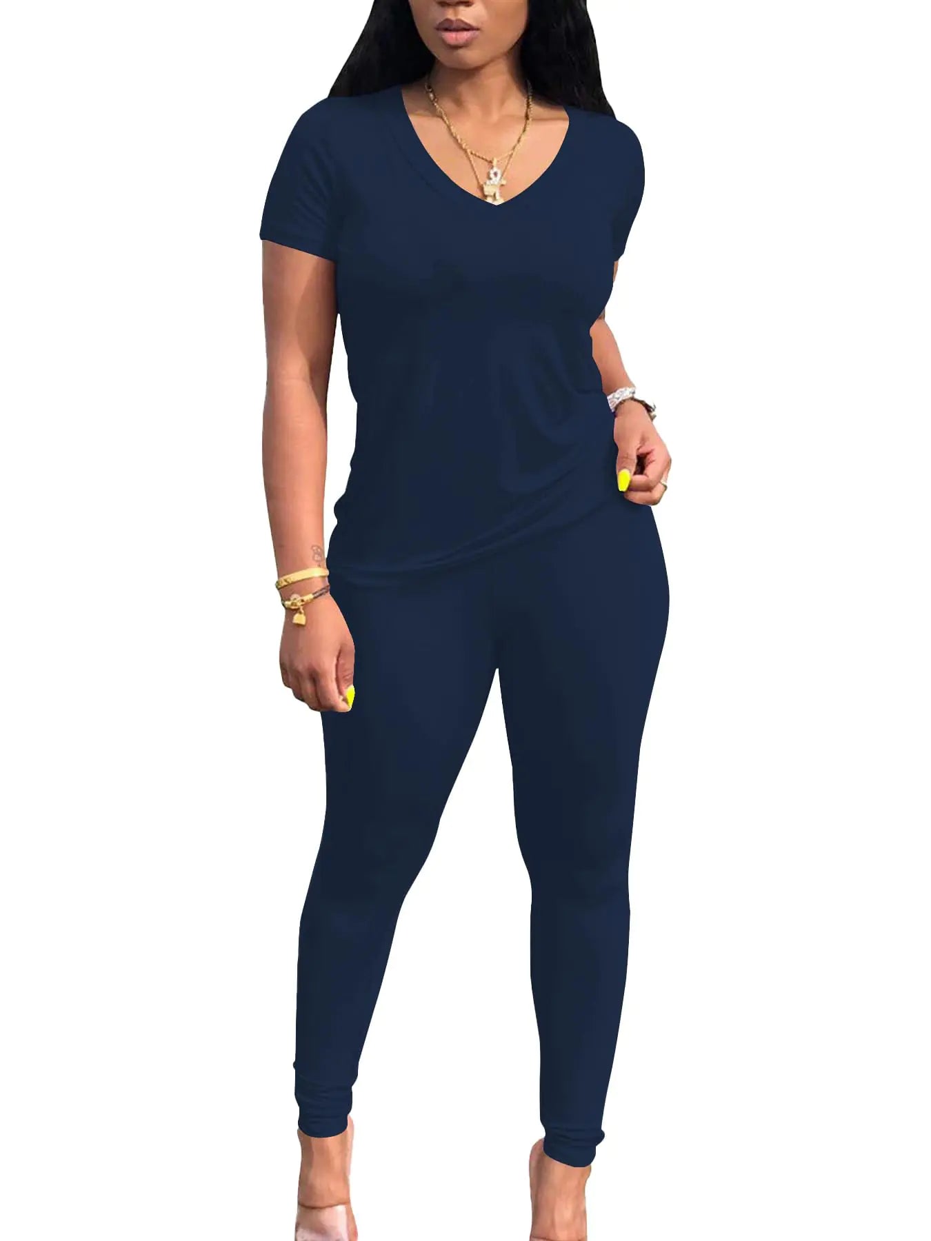 PINSV Lounge Sets for Women 2 Piece Summer Casual Jogger Workout Outfits Short Tops Long Pant Sweat suit leggings set Navy Blue L